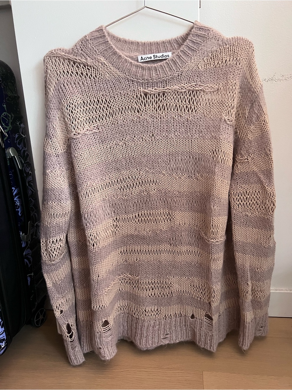 Acne Studios Distressed Open-Knit Cream and Light Pink Crew Sweater